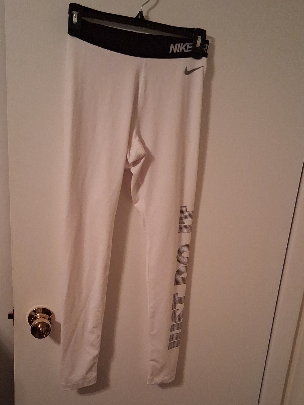 Nike White Leggings with Black Waistband and Grey 'Just Do It' Side Logo